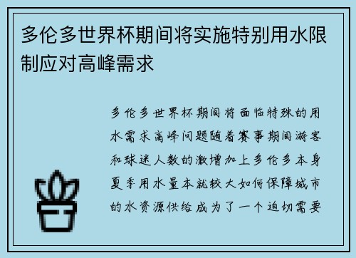 多伦多世界杯期间将实施特别用水限制应对高峰需求